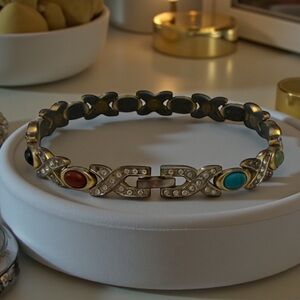Vintage Turquoise Jade Carnelian Onyx Colors Gemstone Look  X Link Bracelet